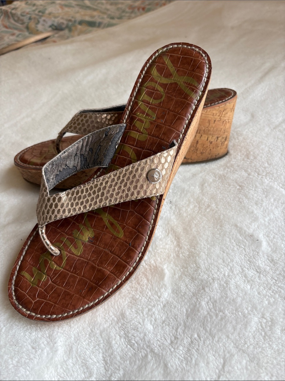 Sam Edelman Beige Snake-Embossed Cork Wedge Thong Sandal